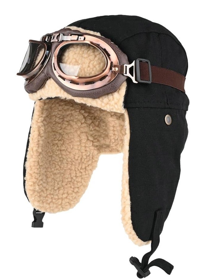 URAWOW Sherpa Aviator Trapper Hat for Men Women Ski Goggles Hunting Ushanka Trooper Russian Hat Plush Retro Faux Fur Black - Image 1
